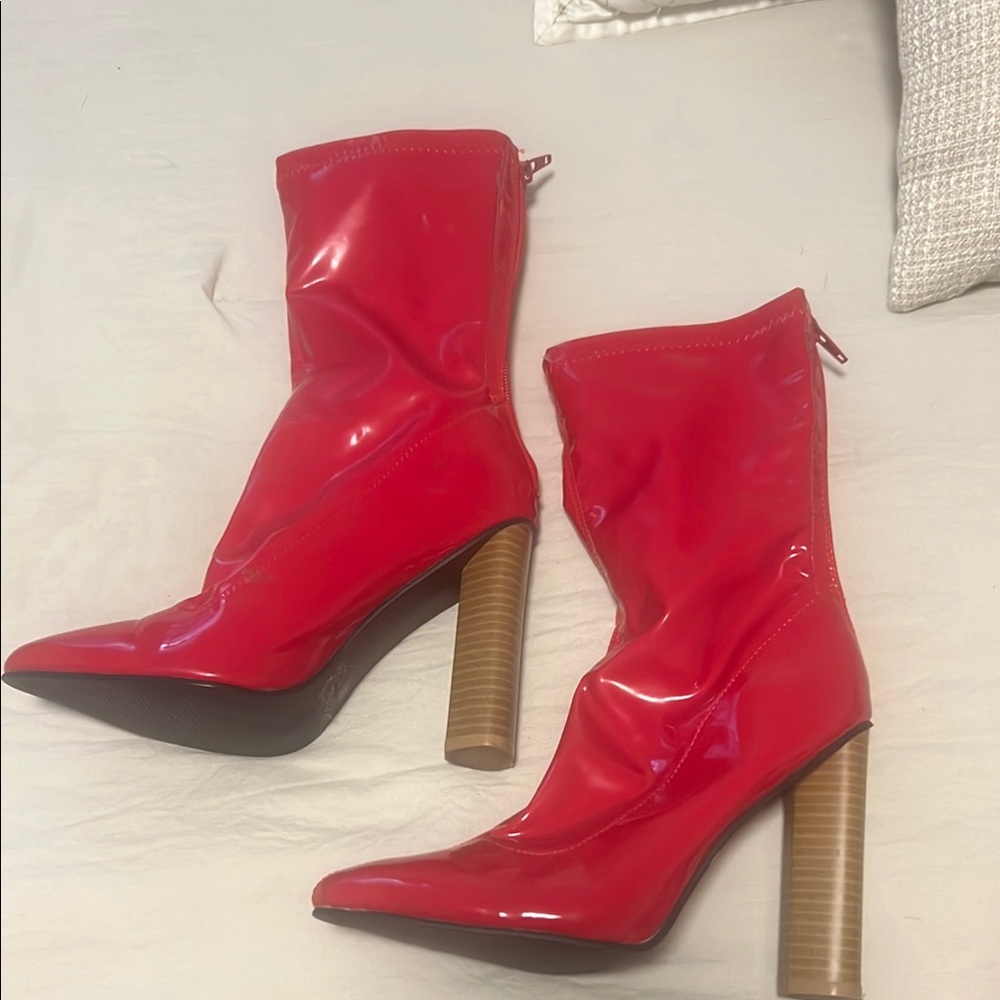 Fashion Nova Red Heeled Boots with Glossy Finish